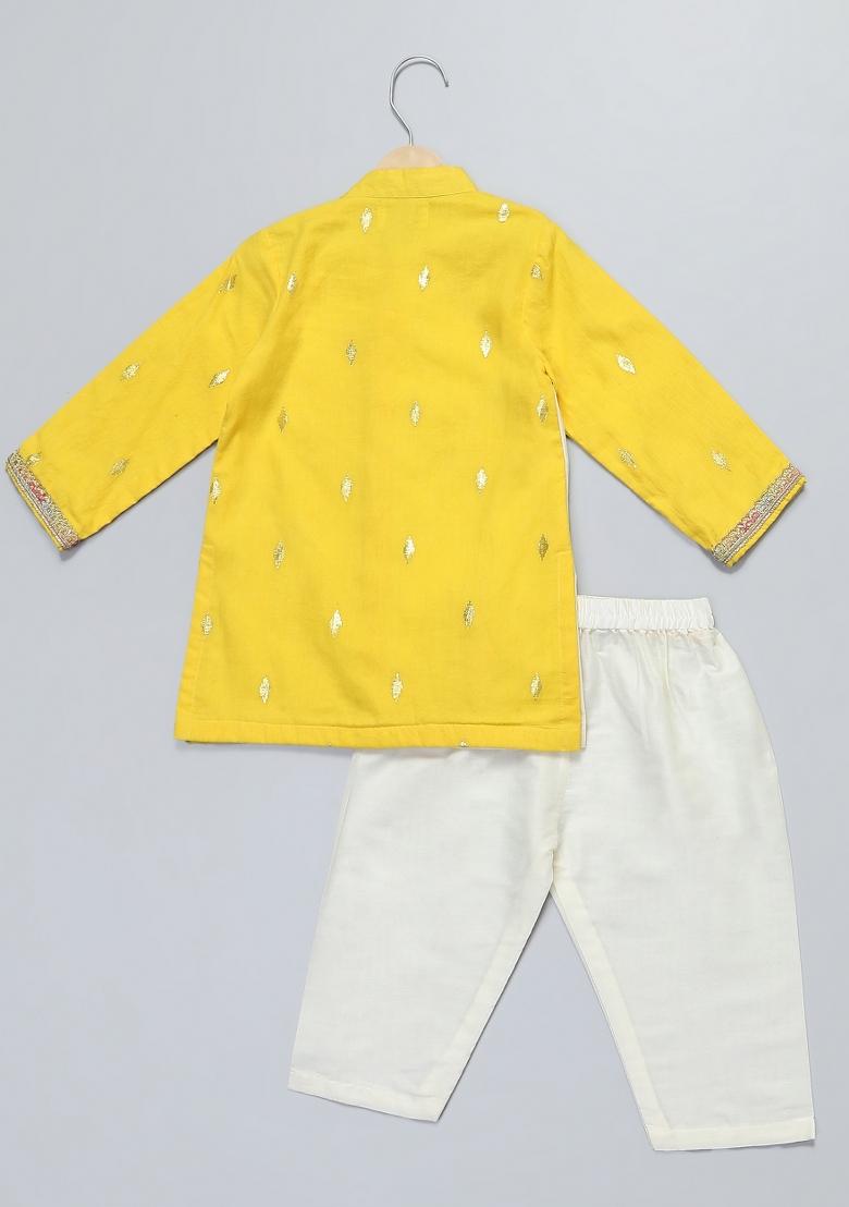Yellow Embroidered Cotton Kurta Set Navratri Diwali For Boys