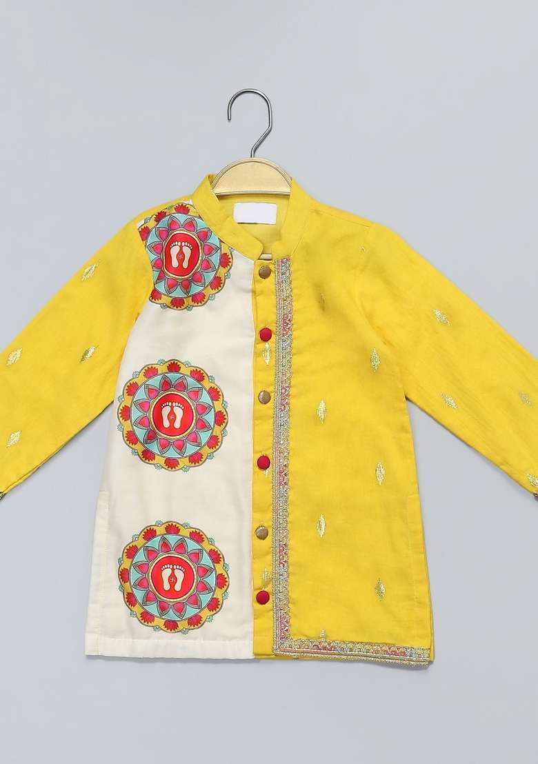 Yellow Embroidered Cotton Kurta Set Navratri Diwali For Boys - Indya