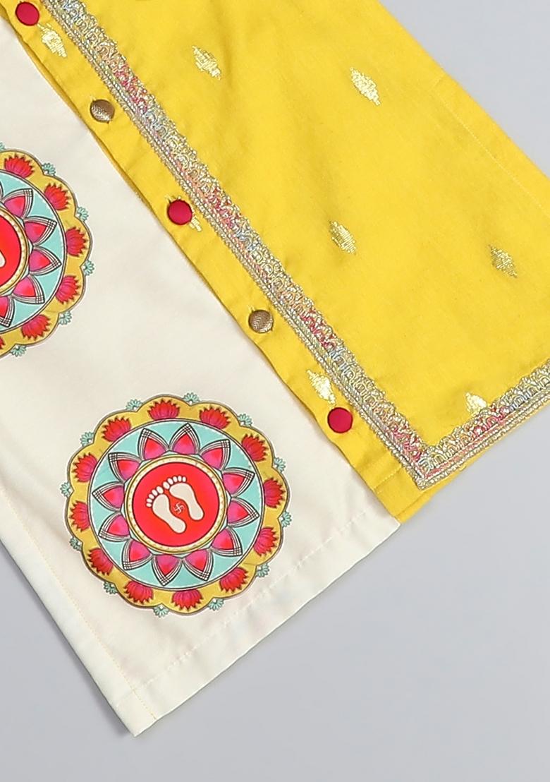 Yellow Embroidered Cotton Kurta Set Navratri Diwali For Boys