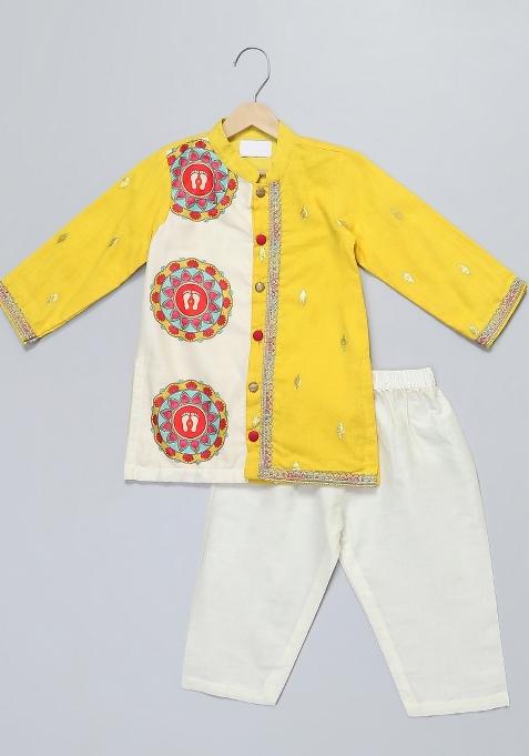 Yellow Embroidered Cotton Kurta Set Navratri Diwali For Boys