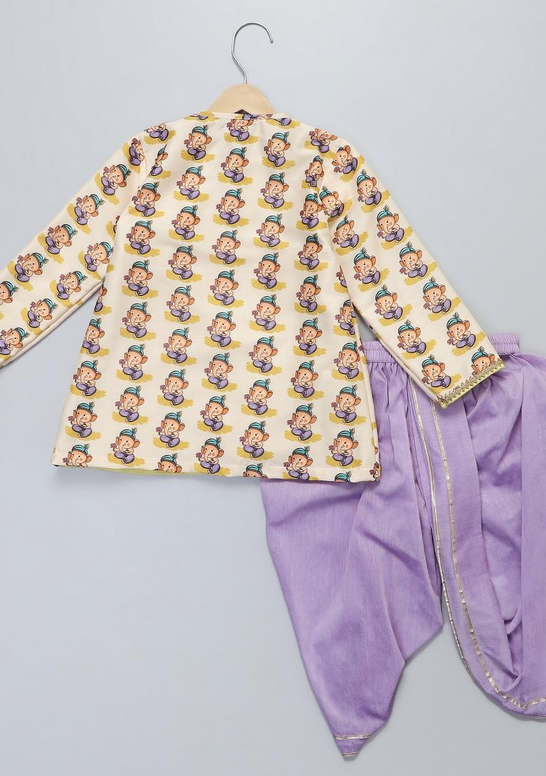 Off White Printed Cotton Silk Dhoti Set Ganesh Chaturthi For Boys