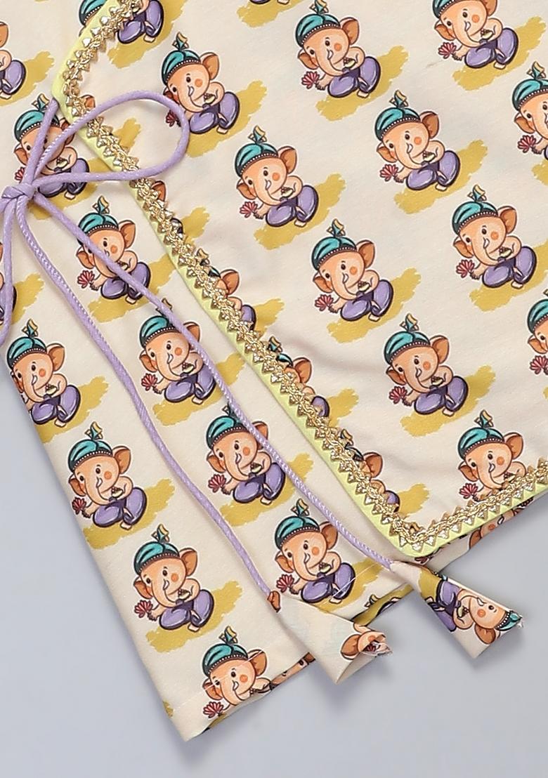 Off White Printed Cotton Silk Dhoti Set Ganesh Chaturthi For Boys