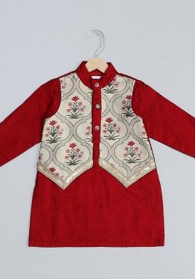 Maroon Embroidered Cotton Silk Kurta Set Wedding For Boys