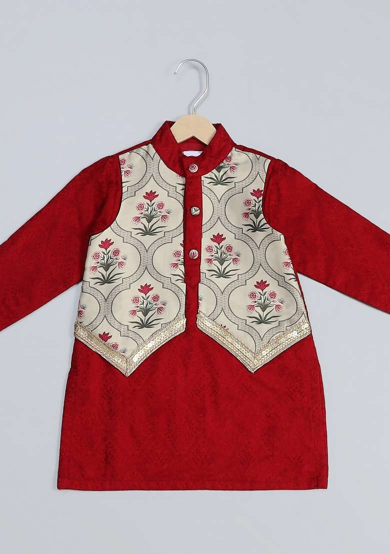 Maroon Embroidered Cotton Silk Kurta Set Wedding For Boys - Indya