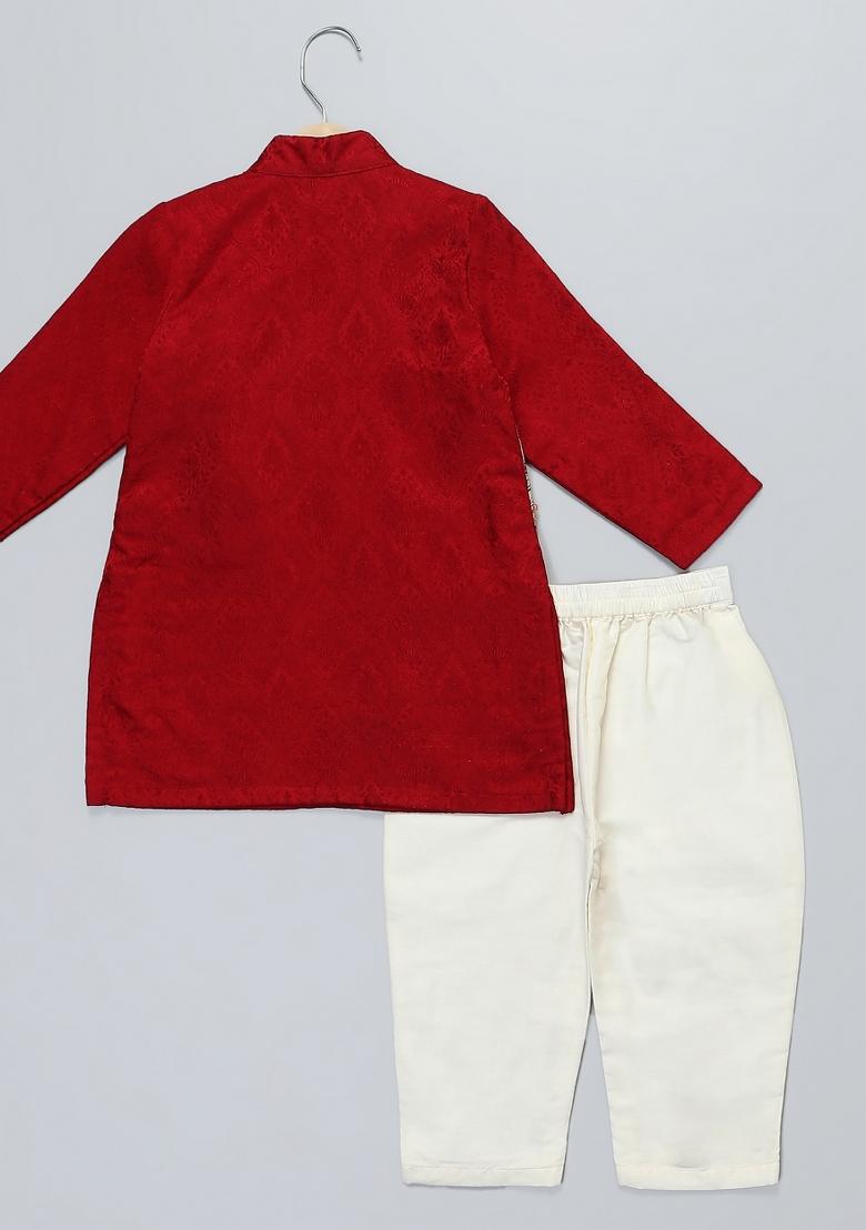 Maroon Embroidered Cotton Silk Kurta Set Wedding For Boys