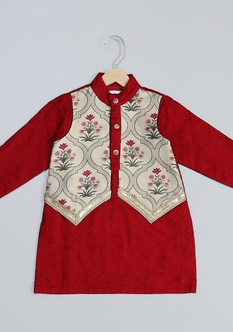 Maroon Embroidered Cotton Silk Kurta Set Wedding For Boys