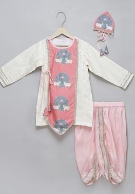 Pink Printed Cotton Dhoti Set Janmashtami For Boys