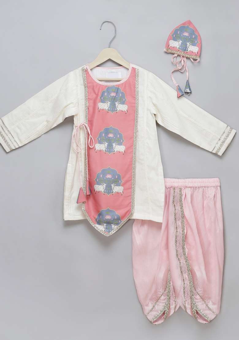 Pink Printed Cotton Dhoti Set Janmashtami For Boys - Indya
