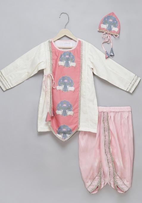 Pink Printed Cotton Dhoti Set Janmashtami For Boys