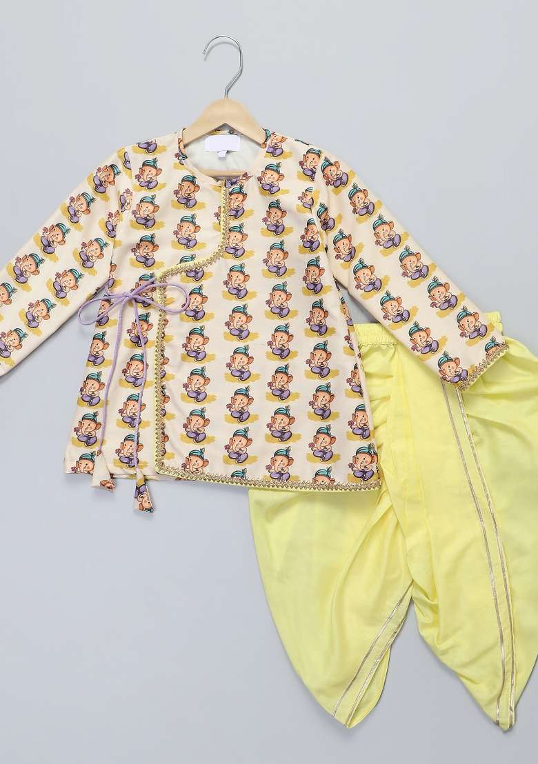 Off White Printed Cotton Silk Dhoti Set Ganesh Chaturthi For Boys - Indya