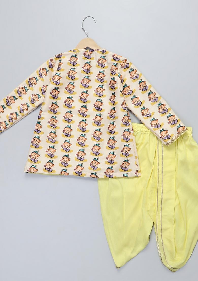 Off White Printed Cotton Silk Dhoti Set Ganesh Chaturthi For Boys