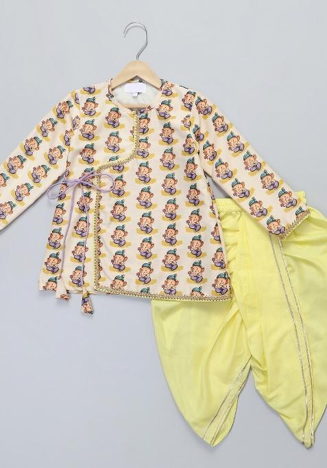 Off White Printed Cotton Silk Dhoti Set Ganesh Chaturthi For Boys