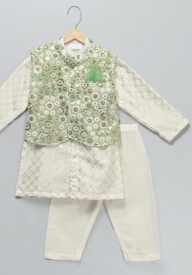 Green Embroidered Georgette Kurta Set Wedding Eid For Boys