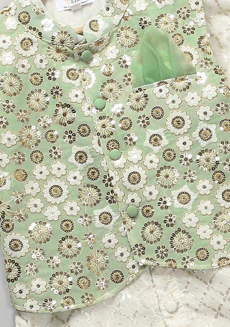 Green Embroidered Georgette Kurta Set Wedding Eid For Boys