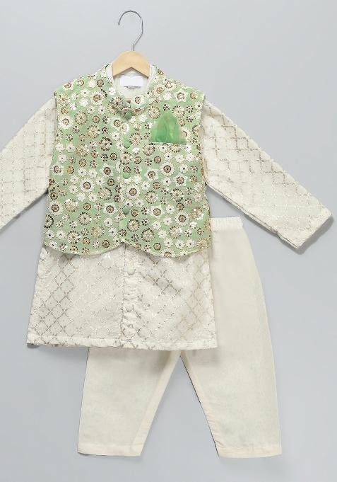 Green Embroidered Georgette Kurta Set Wedding Eid For Boys