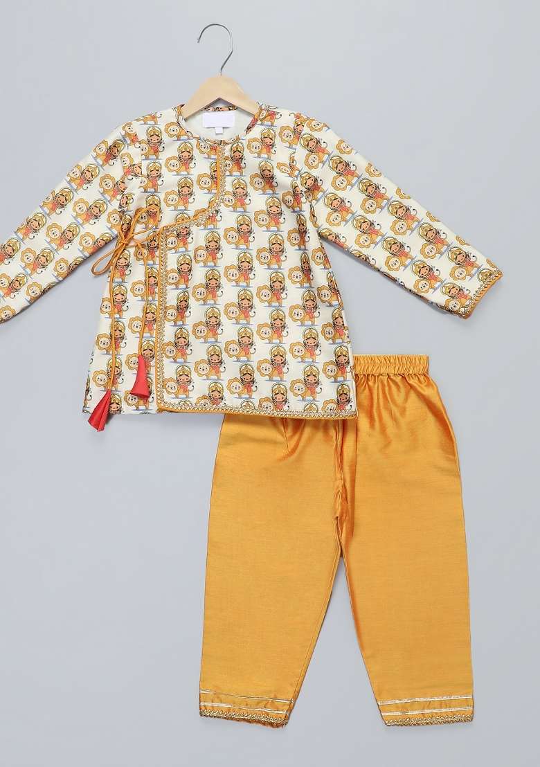 Yellow Printed Cotton Silk Kurta Set Navratri Diwali For Boys - Indya