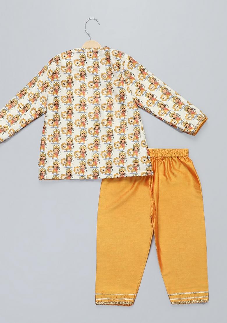 Yellow Printed Cotton Silk Kurta Set Navratri Diwali For Boys