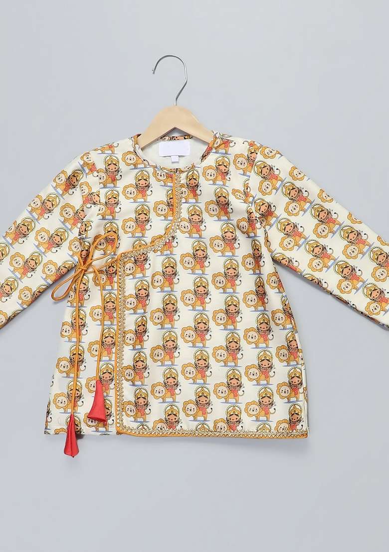 Yellow Printed Cotton Silk Kurta Set Navratri Diwali For Boys - Indya