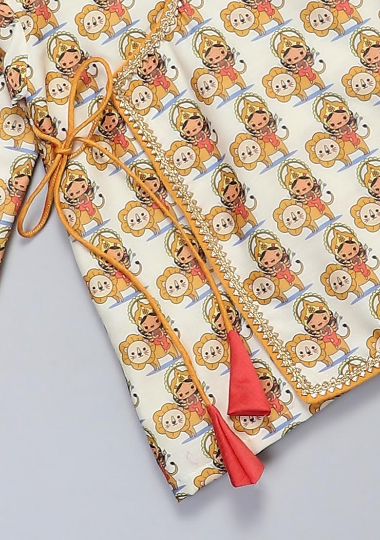 Yellow Printed Cotton Silk Kurta Set Navratri Diwali For Boys