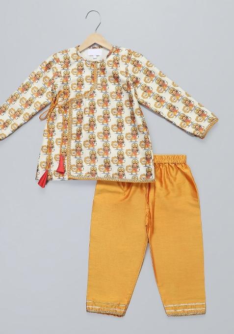 Yellow Printed Cotton Silk Kurta Set Navratri Diwali For Boys