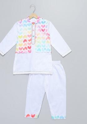 Off White Printed Cotton Kurta Set Wedding For Boys