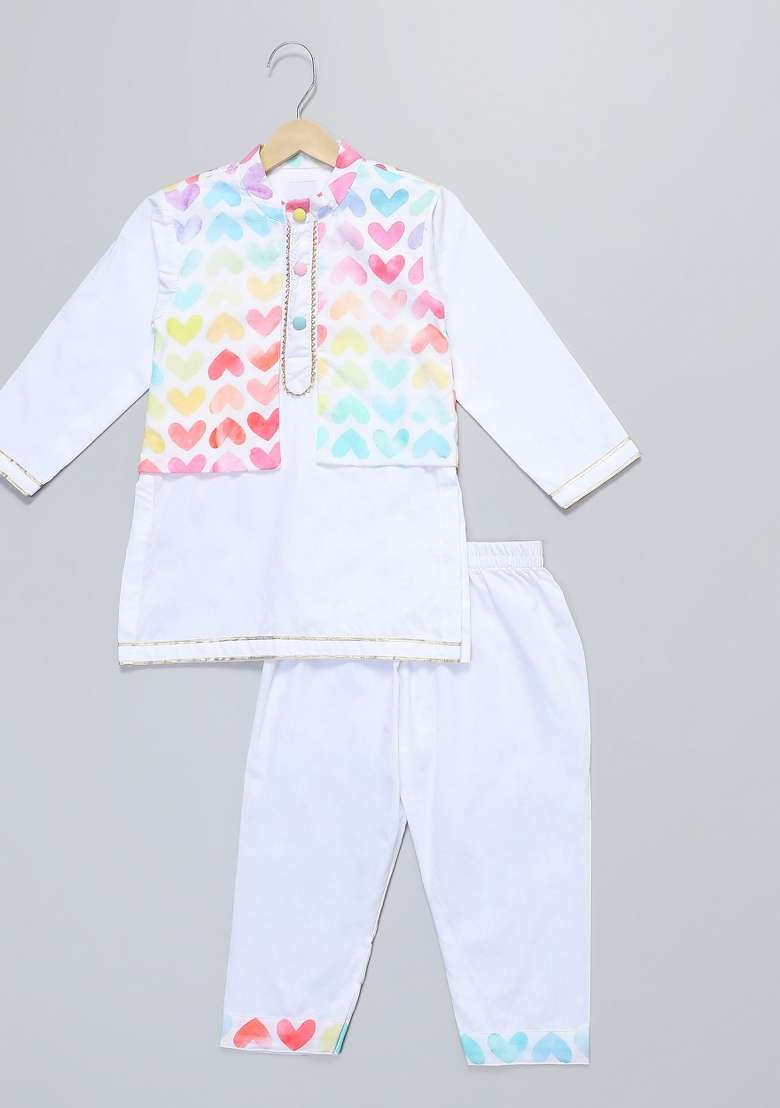 Off White Printed Cotton Kurta Set Wedding For Boys - Indya