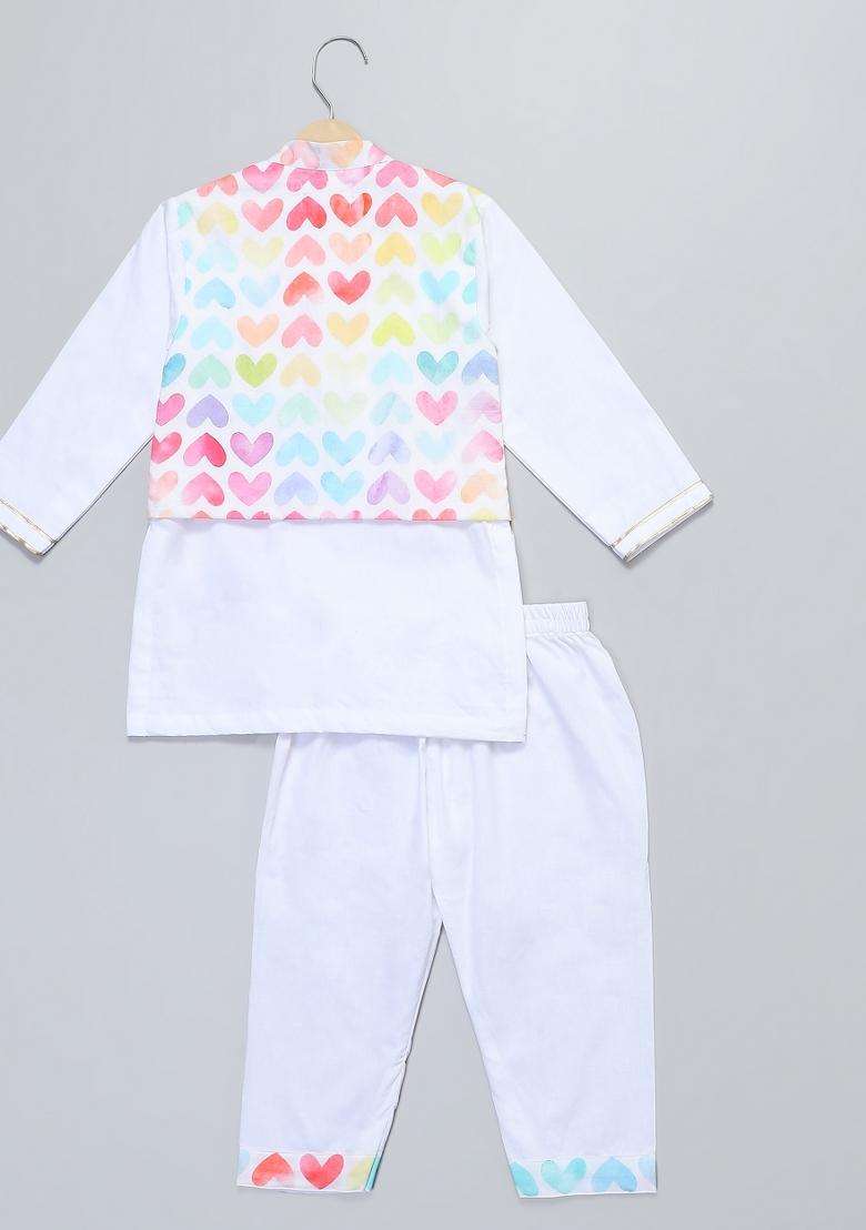 Off White Printed Cotton Kurta Set Wedding For Boys