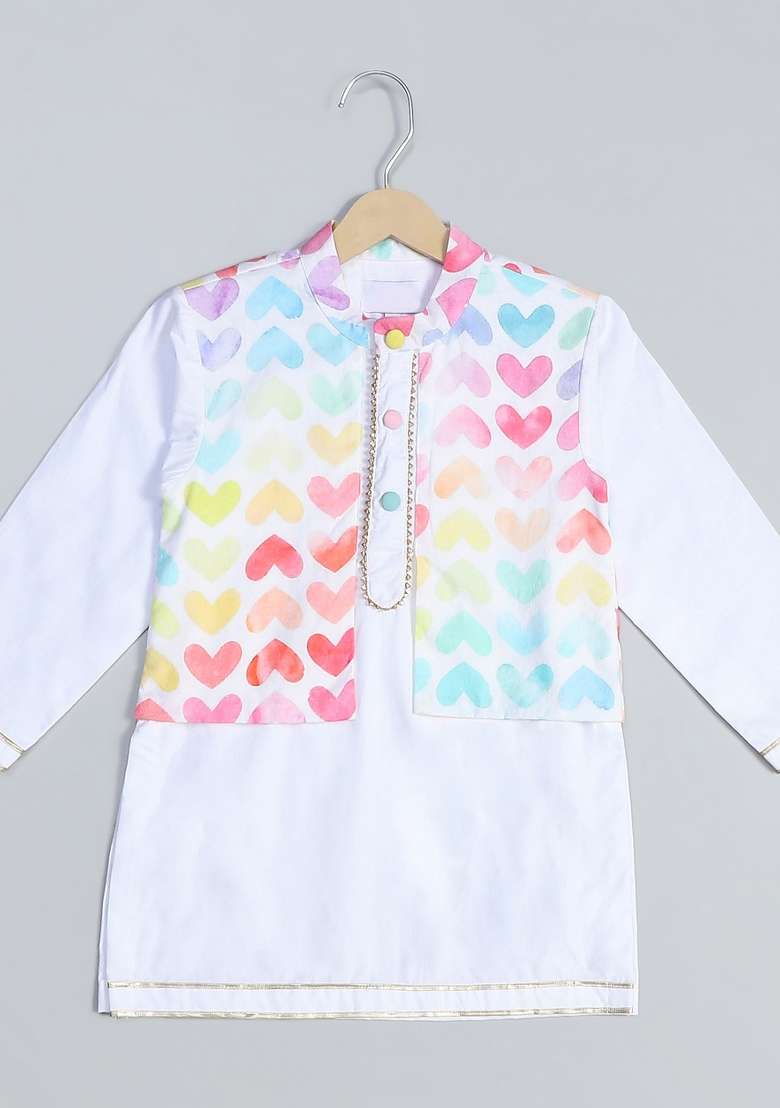 Off White Printed Cotton Kurta Set Wedding For Boys - Indya