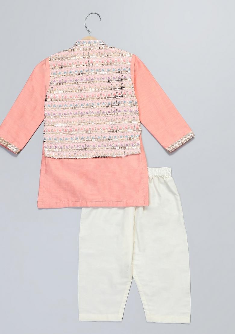 Peach Embroidered Cotton Silk Kurta Set Wedding For Boys