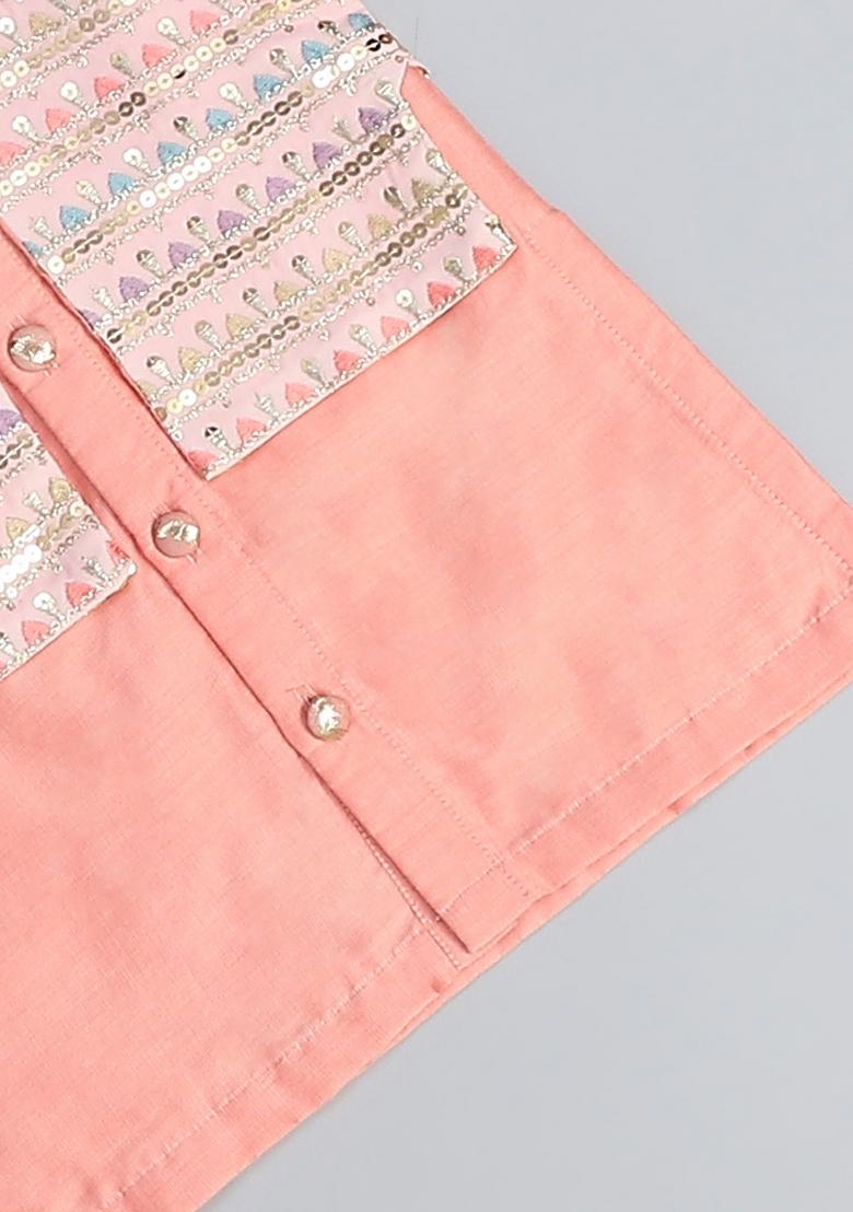 Peach Embroidered Cotton Silk Kurta Set Wedding For Boys