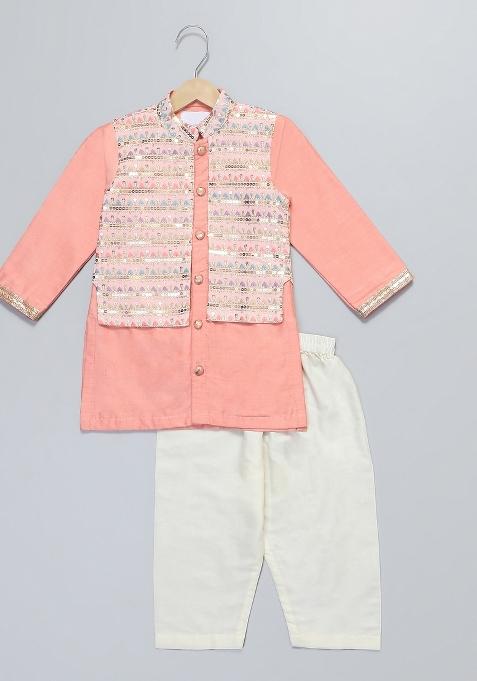 Peach Embroidered Cotton Silk Kurta Set Wedding For Boys