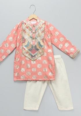 Peach Digital Print Cotton Silk Kurta Set Wedding For Boys