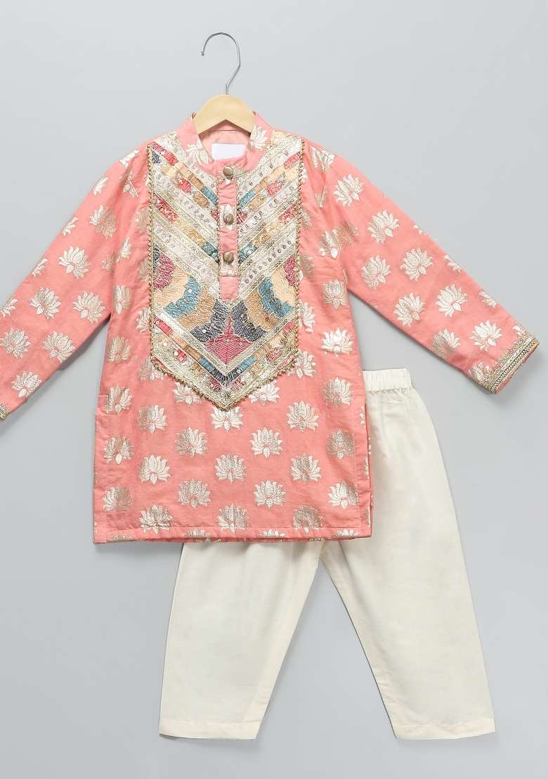 Peach Digital Print Cotton Silk Kurta Set Wedding For Boys - Indya