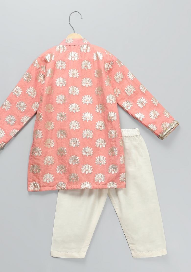 Peach Digital Print Cotton Silk Kurta Set Wedding For Boys
