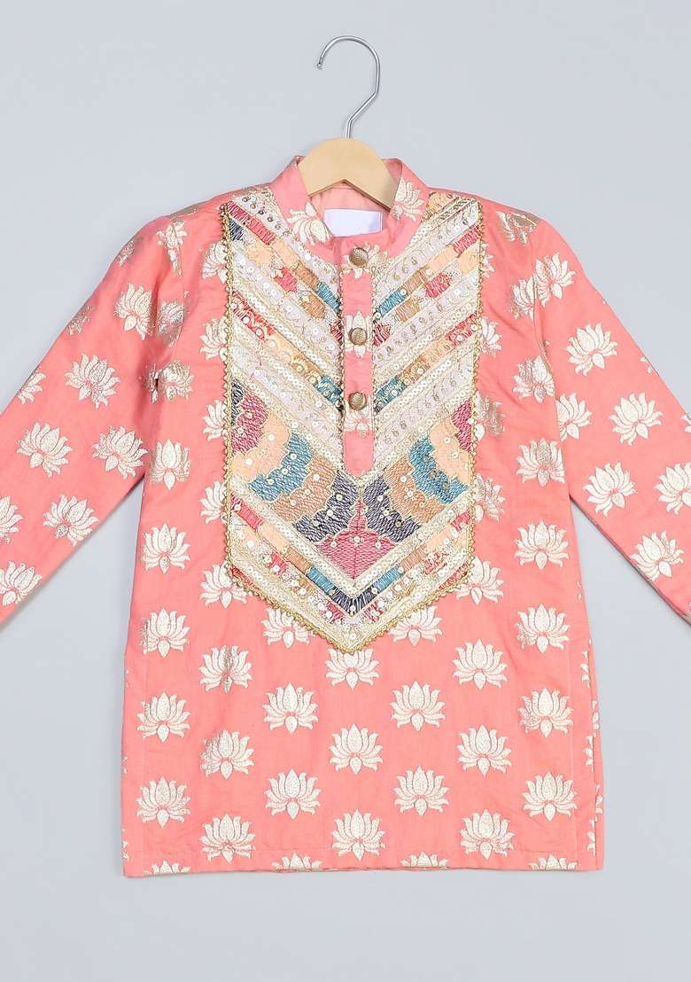 Peach Digital Print Cotton Silk Kurta Set Wedding For Boys - Indya
