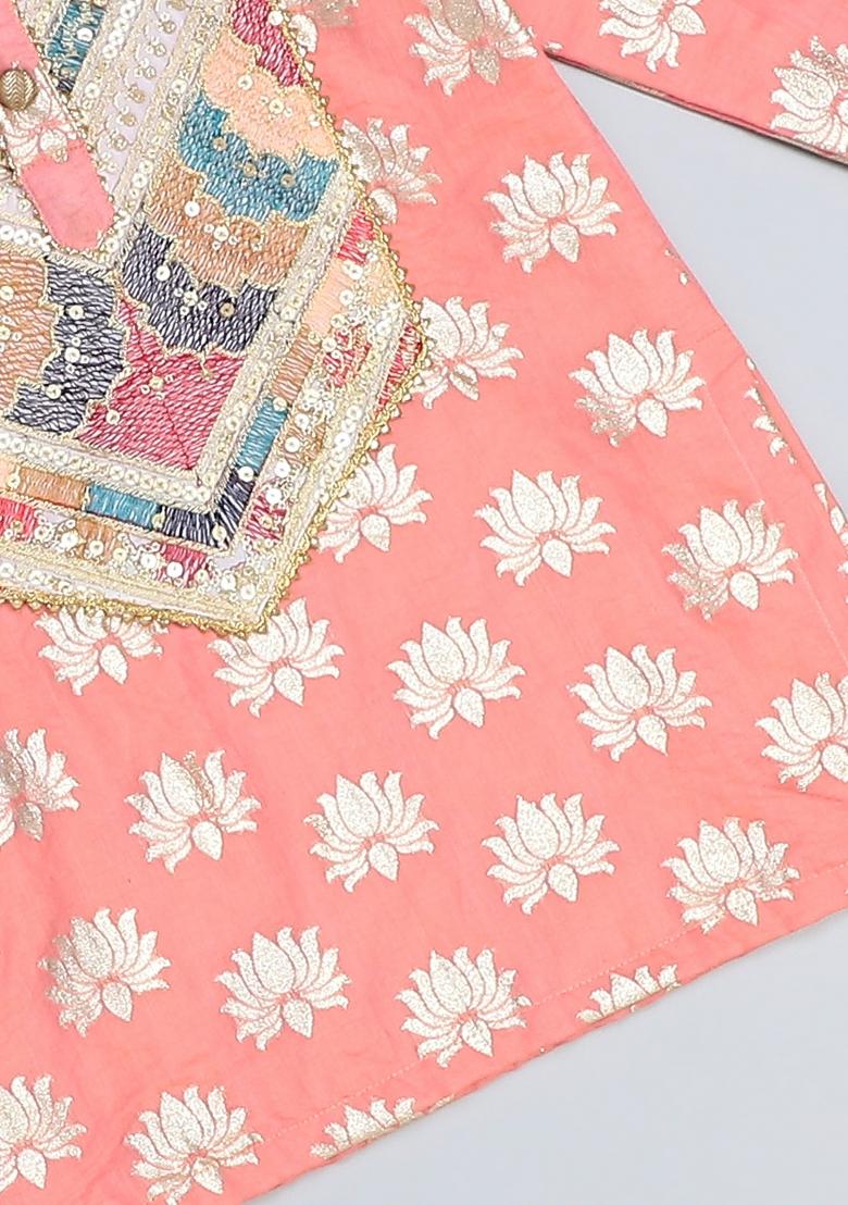 Peach Digital Print Cotton Silk Kurta Set Wedding For Boys