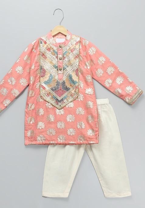 Peach Digital Print Cotton Silk Kurta Set Wedding For Boys