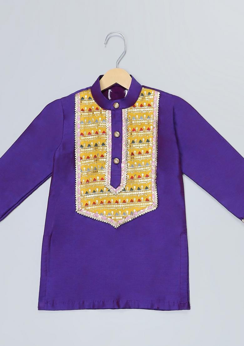 Purple Embroidered Cotton Kurta Set Wedding For Boys