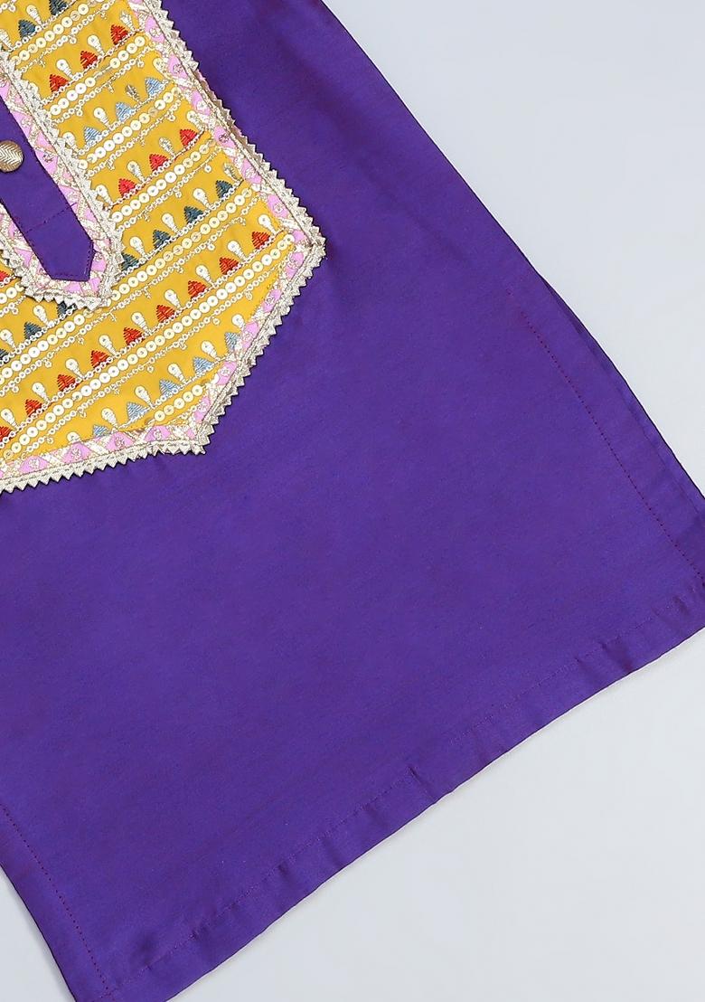 Purple Embroidered Cotton Kurta Set Wedding For Boys