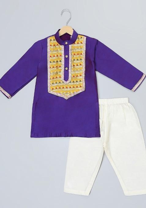 Purple Embroidered Cotton Kurta Set Wedding For Boys