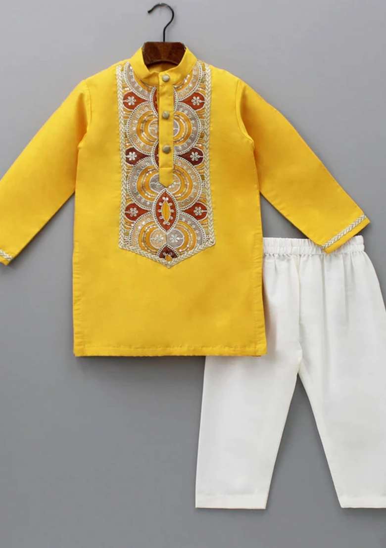 Mustard And Off White Embroidered Cotton Silk Kurta Set Wedding Eid Diwali For Boys - Indya