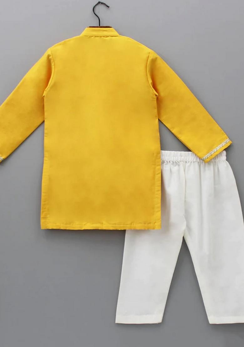 Mustard And Off White Embroidered Cotton Silk Kurta Set Wedding Eid Diwali For Boys