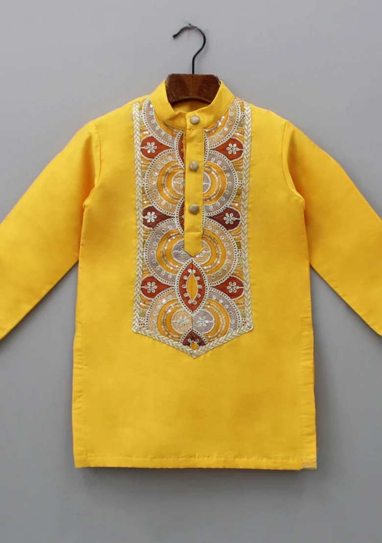 Mustard And Off White Embroidered Cotton Silk Kurta Set Wedding Eid Diwali For Boys - Indya