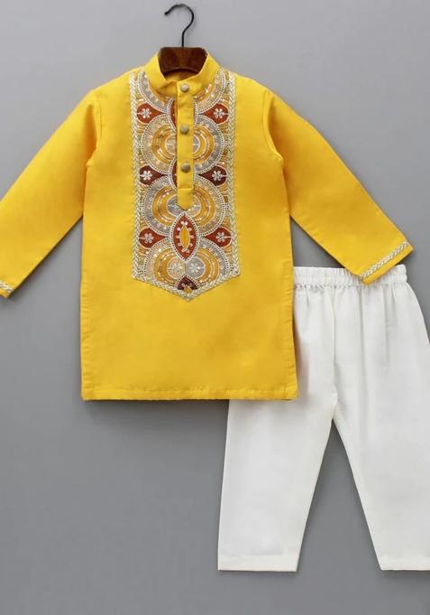 Mustard And Off White Embroidered Cotton Silk Kurta Set Wedding Eid Diwali For Boys
