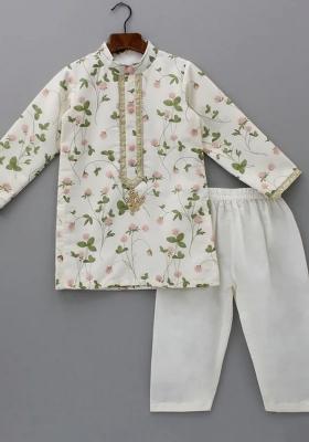 Off White Digital Print Cotton Silk Kurta Set Wedding Eid For Boys