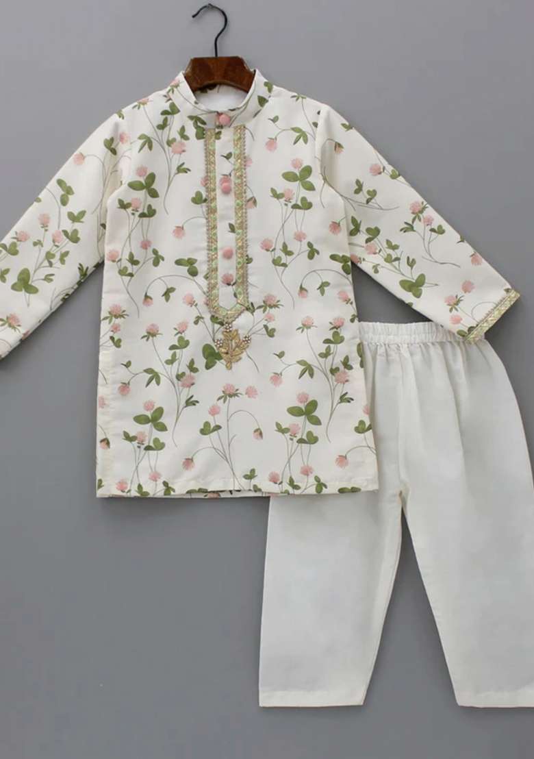 Off White Digital Print Cotton Silk Kurta Set Wedding Eid For Boys - Indya
