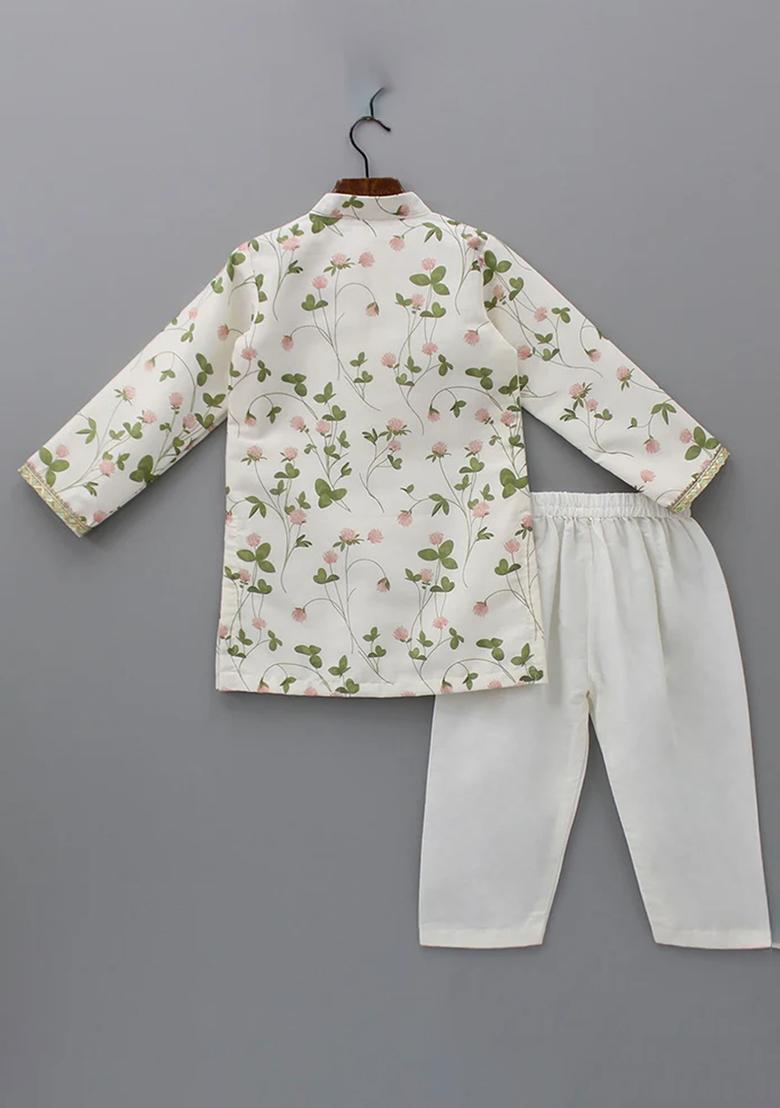 Off White Digital Print Cotton Silk Kurta Set Wedding Eid For Boys