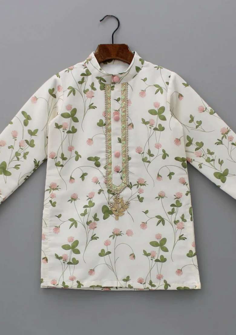 Off White Digital Print Cotton Silk Kurta Set Wedding Eid For Boys - Indya