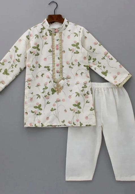 Off White Digital Print Cotton Silk Kurta Set Wedding Eid For Boys