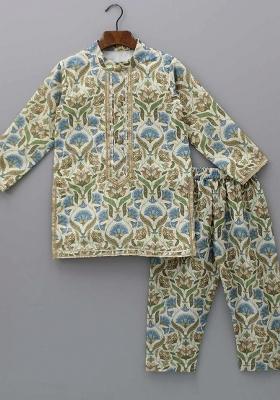 Multicolour Digital Print Cotton Silk Kurta Set Wedding Eid For Boys